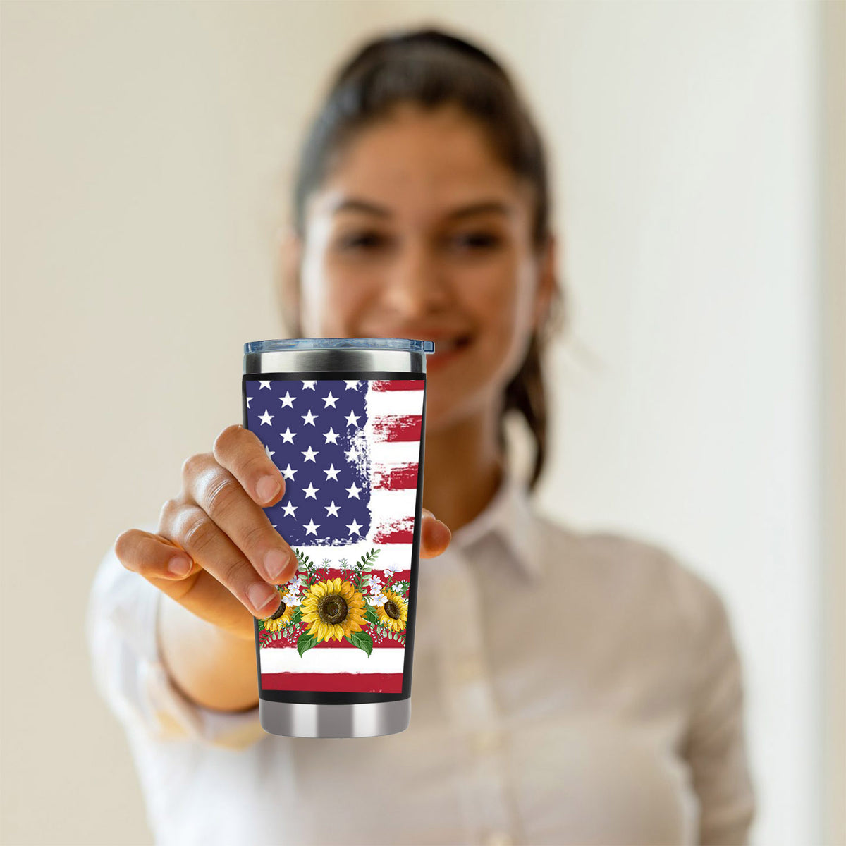 American flag tumbler, sunflower flag